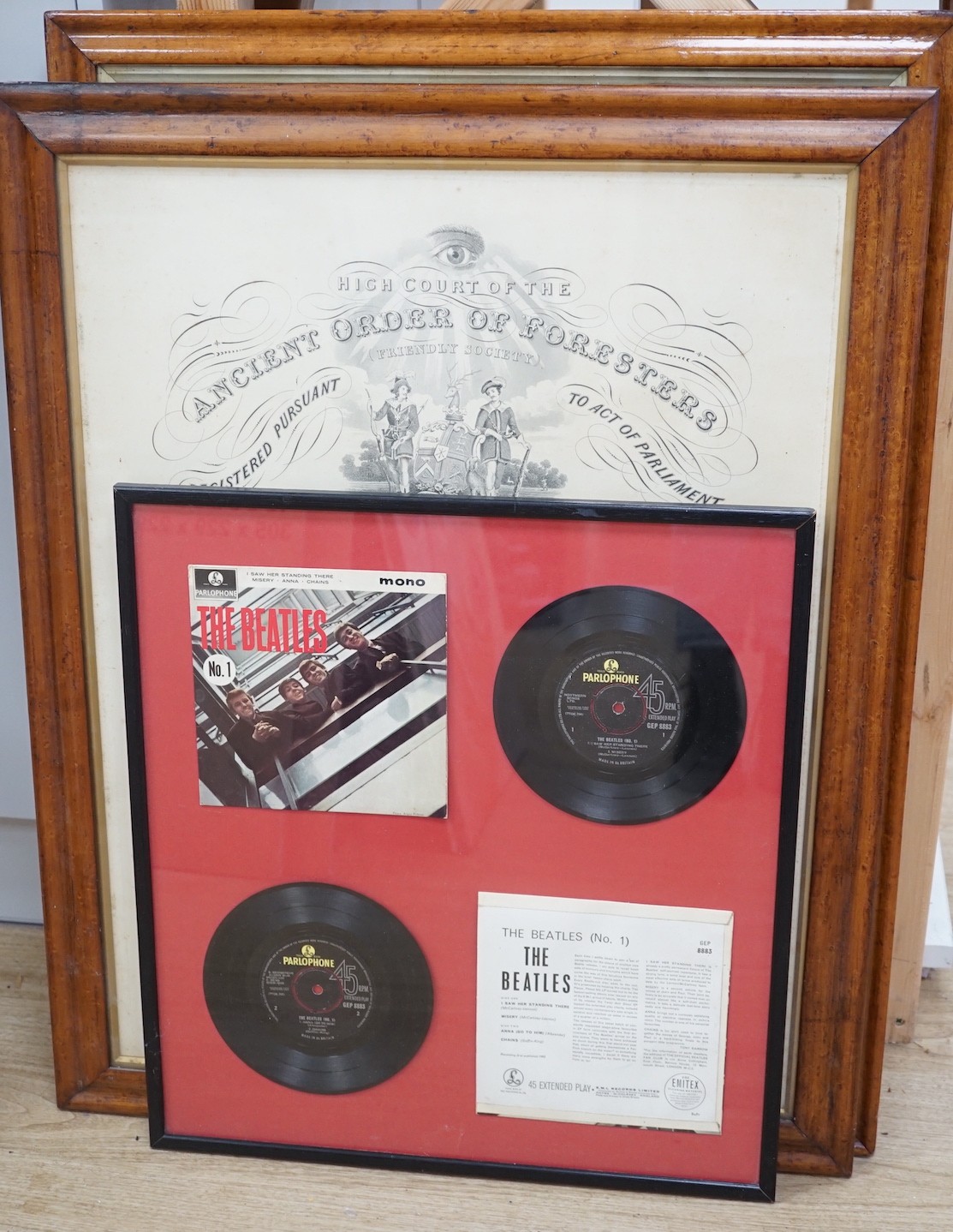 Ancient Order of Foresters. Lewes dispensation and a Victorian coloured engraving, both bird's-eye maple frames, and two framed Beatles records